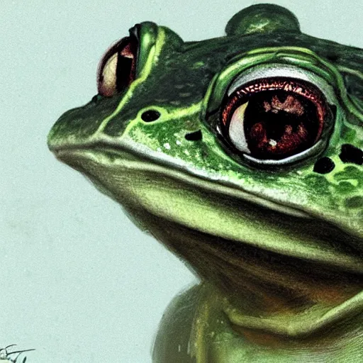Prompt: close up portrait of a female frog princess, hyper detailed, by greg rutkowski, in the style of magic the gathering