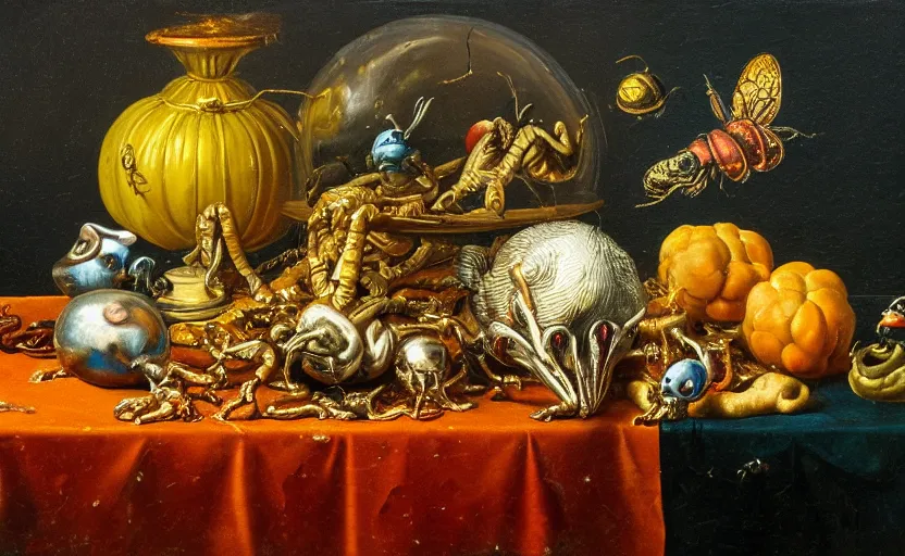 Image similar to disturbing colorful oil painting dutch golden age vanitas still life with bizarre objects strange gooey surfaces shiny metal bizarre insects rachel ruysch dali todd schorr very detailed perfect composition rule of thirds masterpiece canon 5 0 mm, cinematic lighting, photography, retro, film, kodachrome