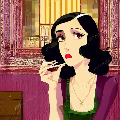 Image similar to portrait of a beautiful girl with dark hair dressed in 1920's art deco fashion, speakeasy bar background, rich vivid colors, mood lighting, ambient lighting, dynamic lighting, 4k, official media, anime key visual, makoto shinkai, ilya kuvshinov, lois van baarle, rossdraws, detailed, trending on artstation