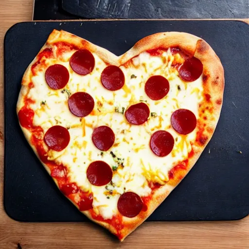 Image similar to heart shaped magerhita pizza with alot of cheese, 4 - 5 cherry tomata served on a wooden plate