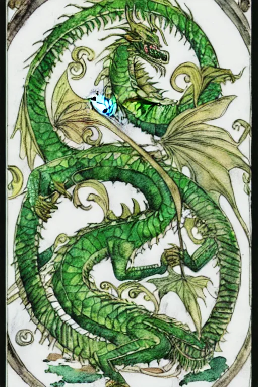 Image similar to green dragon watercolor painting in the center of a circular frame of leaves, art by walter crane and arthur rackham, illustration style, watercolor