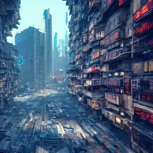 Image similar to photograph of a dystopian city, cyberpunk style, inspired by kowloon walled city, render, octane render, unreal engine, 4 k, dramatic composition