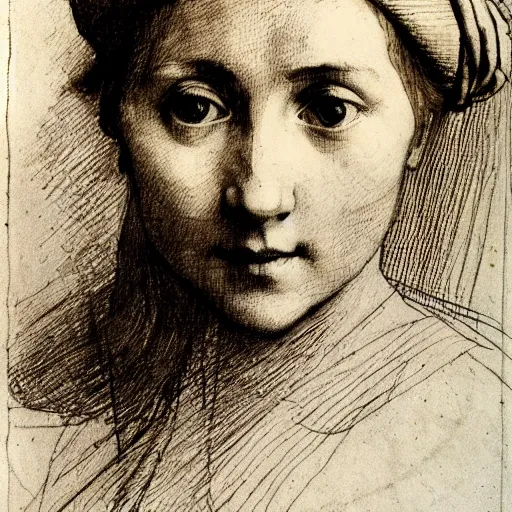 Prompt: materials ink and pen study portrait of a peasant girl by anders zorn, hans holbein the younger, jan van eyck