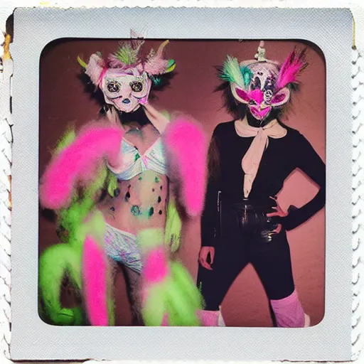 Prompt: polaroid of dancers that are made from cotton candy and foliage, very ornate, wearing MASKS, smudge, mix, DADA collage, texture, lomography, fashion neon light, rim lighting