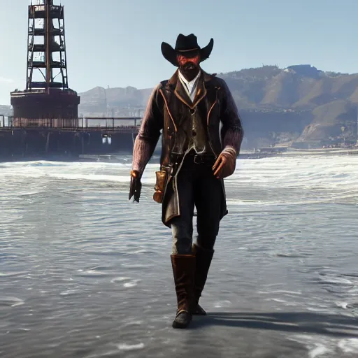 Prompt: arther morgan from red dead redemption 2 in los angeles pier
