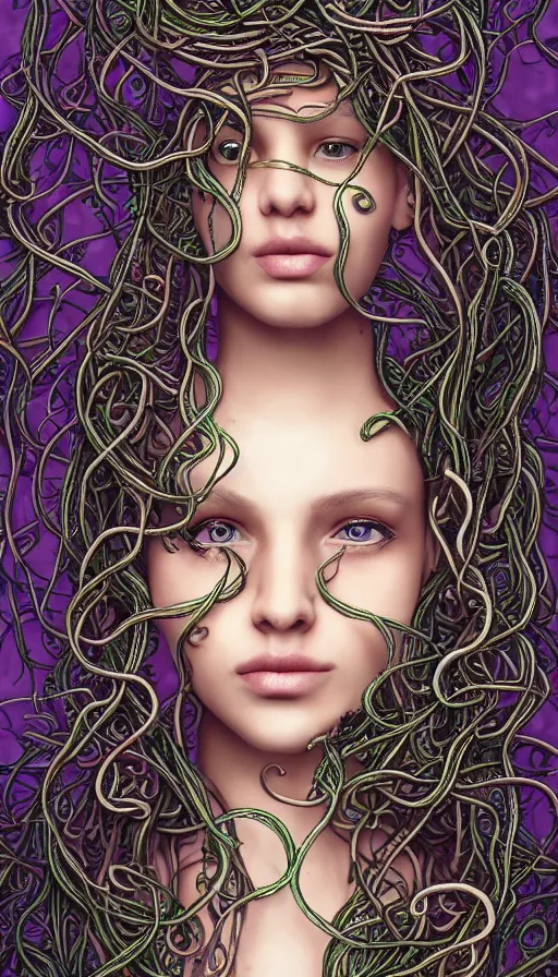 Image similar to very detailed portrait of a 2 0 years old girl surrounded by tentacles, the youg woman visage is blooming from fractal and vines, by steve argyle