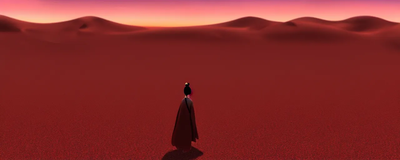 Image similar to vast desert with a lone female samurai walking in the foreground, anime, hd, hdr, 4 k, 8 k