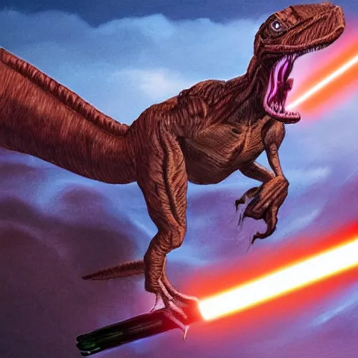 Prompt: trump riding a velociraptor while holding a lightsaber