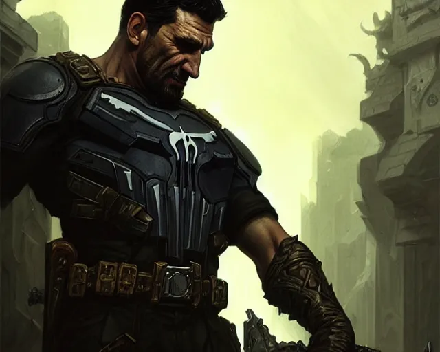 Image similar to a gaming screenshot still portrait of the punisher, deep focus, d & d, fantasy, intricate, elegant, highly detailed, digital painting, artstation, concept art, matte, sharp focus, illustration, dark fantasy style art, hearthstone, art by artgerm and greg rutkowski and alphonse mucha