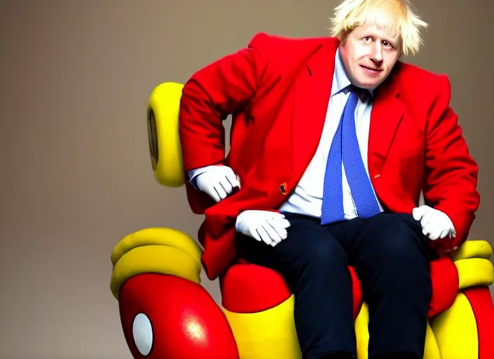 Prompt: Photo of Boris Johnson as Dr. Eggman from Sonic series, as Dr Ivo Eggman Robotnik form the Sonic The Hedgehog Games, sonic comics, wearing a red and yellow jumpsuit with black pants, sitting at the parlament meeting, giving an interview, highly detailed, 4k, HQ