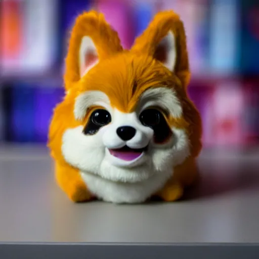 Image similar to photograph of a corgi furby toy on a store shelf