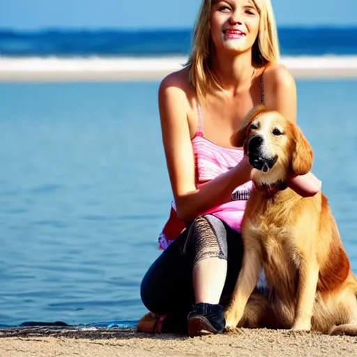 Image similar to blonde girl with a dog sitting by the beach