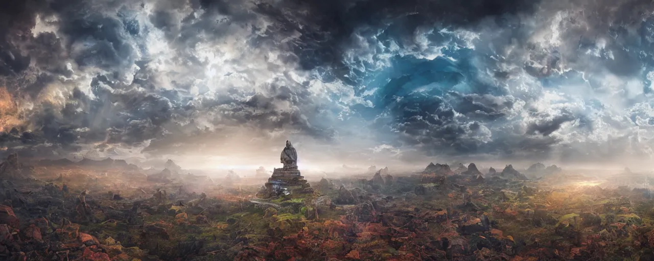 Prompt: beautiful beautiful beautiful beautiful landscape of the psychedelic planet from another dimension, edo, yin yang, panorama, cinematic lighting, clouds, necropolis, temples, by Ivan Aïvazovski, light rays, light simulation, masterpiece, volumetric lighting