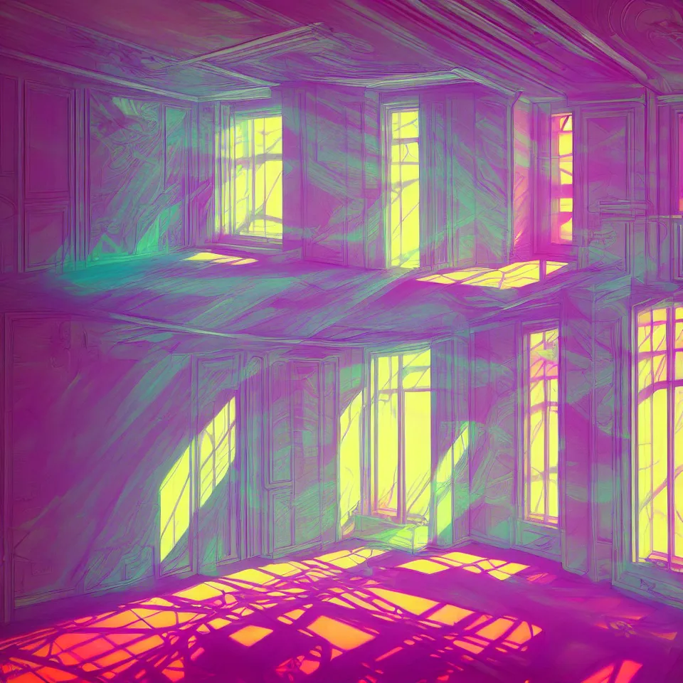 Image similar to bright psychedelic empty apartment, diffuse lighting, fantasy, intricate, elegant, highly detailed, lifelike, photorealistic, digital painting, artstation, illustration, concept art, smooth, sharp focus, art by francis bacon