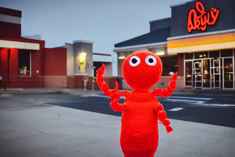 Image similar to person dressed up like a cute crab, in 2 0 1 8, at an arbys, street style, royalcore, low - light photograph, photography by tyler mitchell