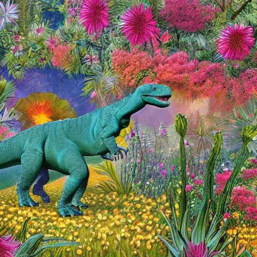 Image similar to dinosaurs in an explosion of flowers by James r. Knight, high detail, floral, ultra realistic