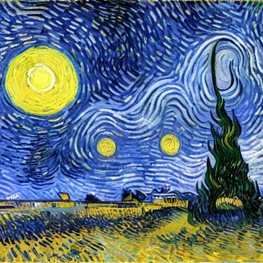 Image similar to A post-Impressionist oil painting of a night sky roiling with chromatic blue swirls, a glowing yellow crescent moon, and stars rendered as radiating orbs, over a village. A large stylized cypress tree is in the left foreground. By Vincent van Gogh, 1889.