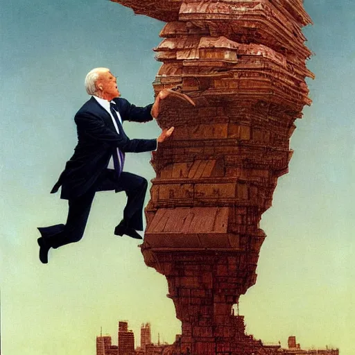 Image similar to immense, majestic, surreal, terrifying joe biden crushing buildings under his heel, perfectly clear face, by j. c. leyendecker and beksinski