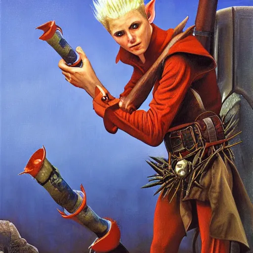 Prompt: an elf with spiky blonde hair wearing dark brown overalls and holding dynamite. painting by Gerald Brom