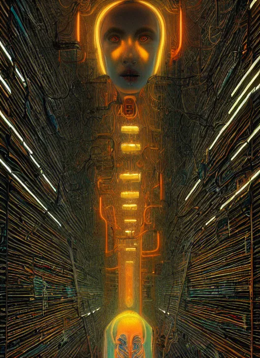 Image similar to A wall full of eyes, symmetrical, neon, RGB, glowing wires everywhere, pristine, by Edgar Maxence and Ross Tran, Zdzisław Beksiński, and Michael Whelan, gustav dore, H.R. Giger, 8k, octane render