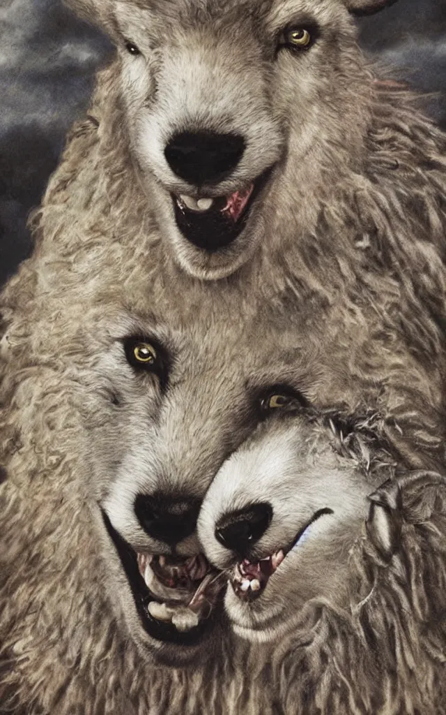 Image similar to metalheart sheep biting the neck of a realistic wolf masterpiece album cover