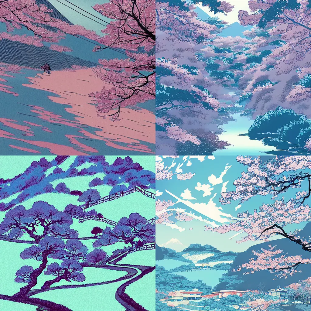 Prompt: beautiful illustration of a landscape in a cherry blossom storm, japanese countryside, light blue colour splash, in the style of Katsuhiro Otomo and Takehito Harada and Yoshitaka Amano