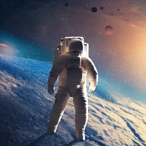 Prompt: astronaut facing away from camera looking at earth, beautiful dynamic lighting, cinematic, extremely high detail, photo realistic, cinematic lighting, 8 k