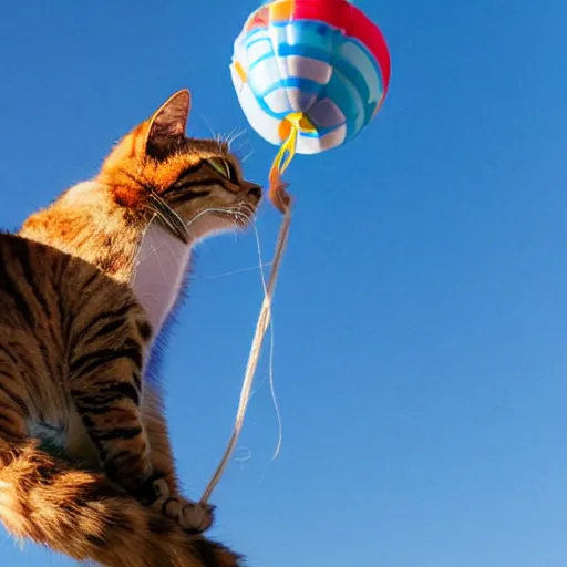 Image similar to a domestic house cat clinging onto the bottom of a string tied to a balloon in the blue sky