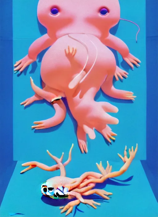 Image similar to cute a big woman intertwined axolotl by shusei nagaoka, kaws, david rudnick, airbrush on canvas, pastell colours, cell shaded, 8 k