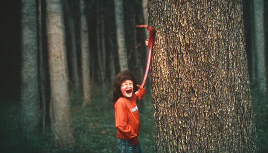 Prompt: 7 0 s film still from a horror movie about a burning tree and a laughing kid, kodachrome, cinecolor, cinestill, film grain, film texture, retro, cinematic, high resolution, photorealism,