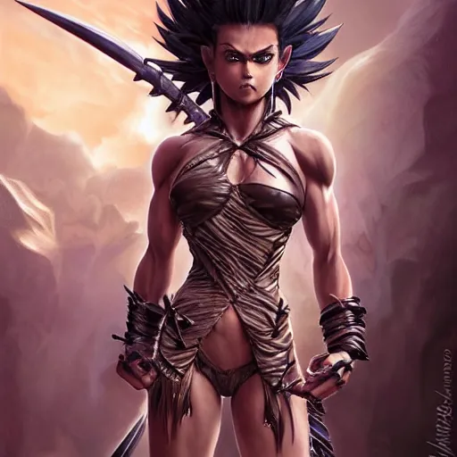 Image similar to warrior girl, muscular girl, wild spiky black saiyan hair, long spiky hair, electrified hair, scimitar, ultra realistic, intricate details, highly detailed, subsurface scattering, photorealistic, octane render, 8 k, art by artgerm, greg rutkowski, magali villeneuve, alphonse mucha