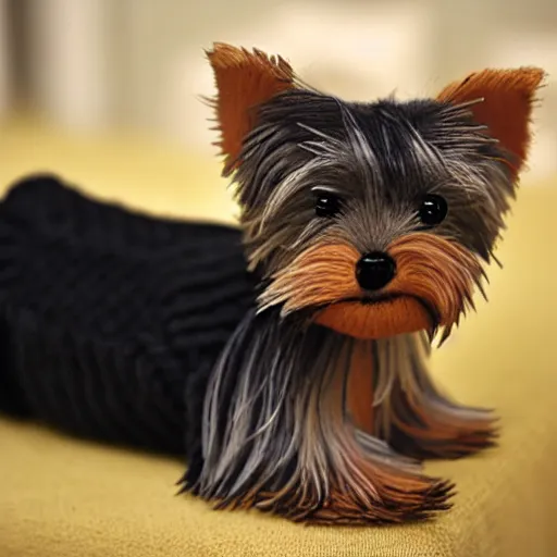 Image similar to a closeup photorealistic sad knitted plush yorkshire terrier