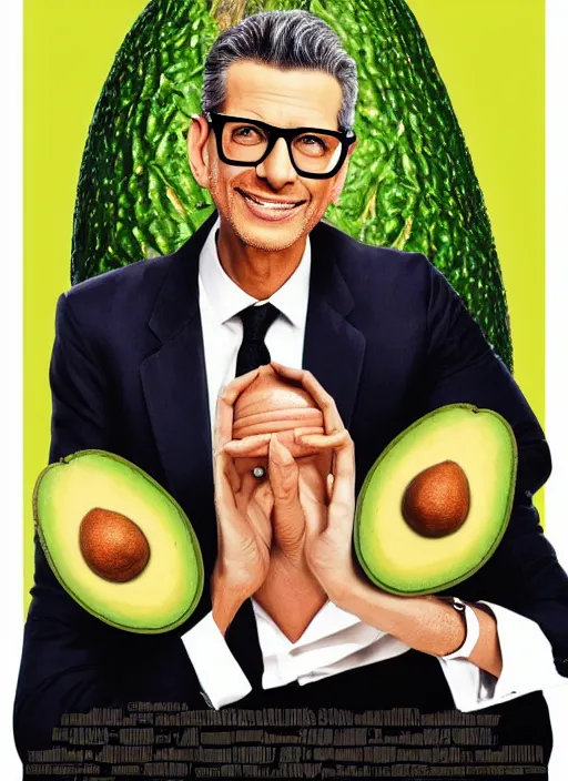 Prompt: an avocado with the head of jeff goldblum in a movie poster