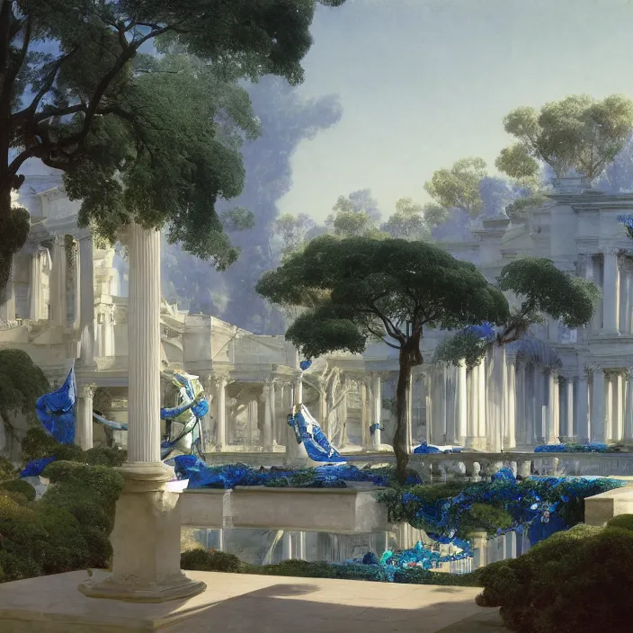 Prompt: gardens of marble draped in flowing sheets of cobalt blue satin and silver satin, by ivan aivazovsky and syd mead and moebius and joseph wright and roger dean and pieter claesz and paul delaroche and alma tadema and august malmstrom and caspar david friedrich and joseph wright and aelbert cuyp, hyperrealistic, volumetric light, octane render