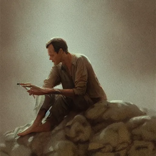 Prompt: a highly detailed epic cinematic concept art CG render digital painting artwork costume design: Henry Fonda as a 1950s tired poet, barefoot, smoking a cigarette. By Greg Rutkowski, Ilya Kuvshinov, WLOP, Stanley Artgerm Lau, Ruan Jia and Fenghua Zhong, trending on ArtStation, subtle muted cinematic colors, made in Maya, Blender and Photoshop, octane render, excellent composition, cinematic atmosphere, dynamic dramatic cinematic lighting, aesthetic, very inspirational, arthouse