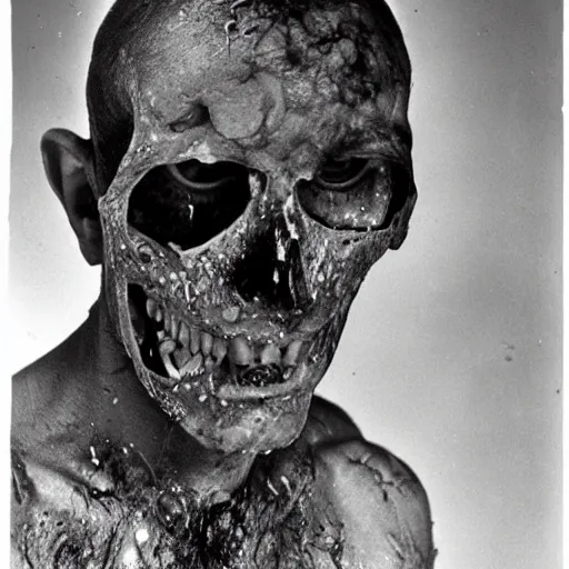 Prompt: exploded man covered in soot, bulging eyes, skull, photo from the 70s