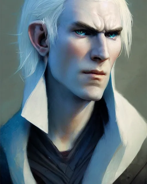 Prompt: character portrait of a slender young half elven man with white hair, piercing bright blue eyes, and pale blue skin, by greg rutkowski, mark brookes, jim burns, tom bagshaw, trending on artstation