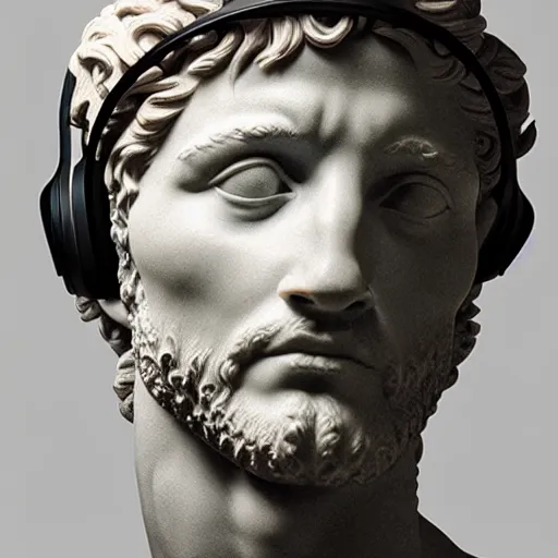 Image similar to a photo of michelangelo's sculpture of david wearing headphones, hyper realistic, ambient lighting, concept art, intricate, hyper detailed, smooth, dynamic volumetric lighting, octane, cinematic, high quality, high resolution, 4 k