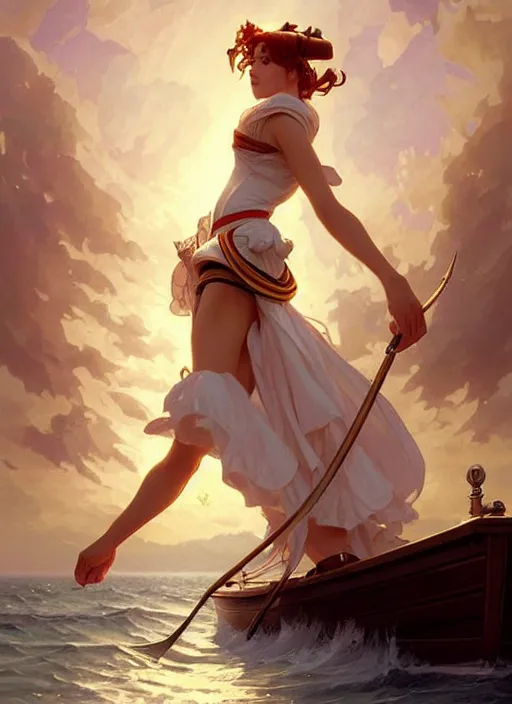 Prompt: sailor on its boat, fantasy, highly detailed, digital painting, artstation, concept art, wallpaper, smooth, sharp focus, illustration, art by artgerm and greg rutkowski and alphonse mucha