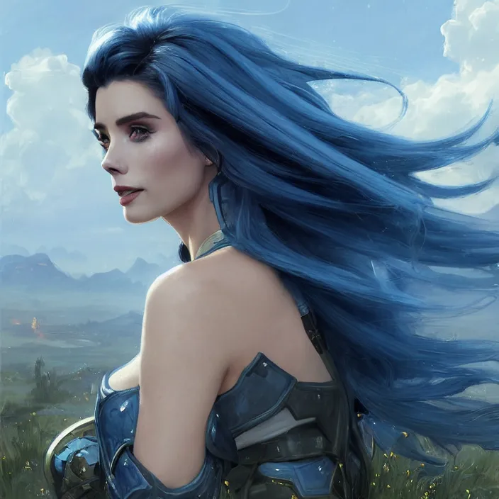 Image similar to portrait of a combination of Ashley Greene, Adriana Dxim, Grace Kelly and Lily Collins with blue hair wearing Warframe armor, countryside, calm, fantasy character portrait, dynamic pose, above view, sunny day, thunder clouds in the sky, artwork by Jeremy Lipkin and Giuseppe Dangelico Pino and Michael Garmash and Rob Rey and Greg Manchess and Huang Guangjian and Makoto Shinkai, very coherent asymmetrical artwork, sharp edges, perfect face, simple form, 100mm