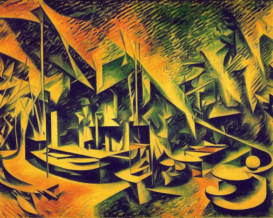 Prompt: abstract courtroom in the rainforest at night by umberto boccioni. detailed, proportional, romantic, enchanting, achingly beautiful, graphic print, trending on artstation, jungle, tropical, foliage