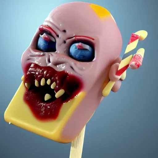 Image similar to ice cream popsicle in the shape of screaming chucky doll, octane render