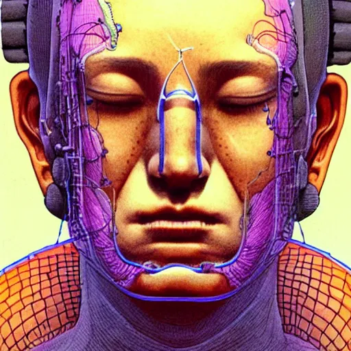 Prompt: moebius portrait of a zen EEG meditator, cyberpunk science fiction, ultra detailed nostalgic facial expression somewhere between pain and love, electrodes on scalp, incredible illustration