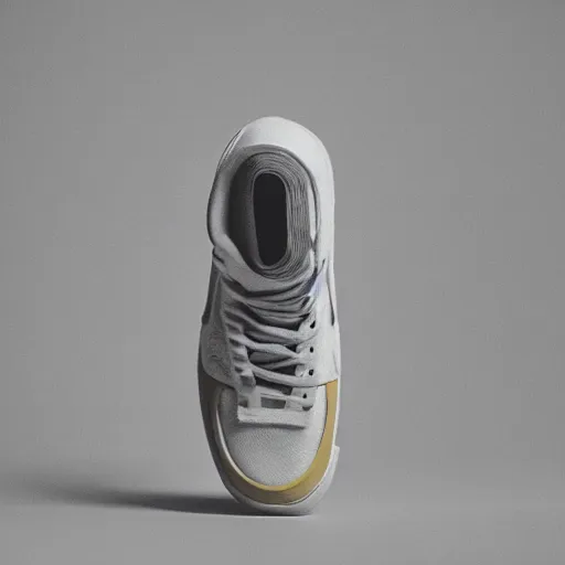 Prompt: a studio photoshoot of A Nike sneaker designed by Virgil Abloh and Jerry Lorenzo, Off-White, realistictic, color film photography by Tlyer Mitchell, 35 mm, graflex