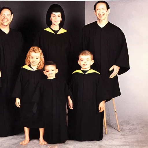 Image similar to 1 9 9 0's sears portrait photo, a family wearing long black cult robes and a giant evil sinister demonic creature