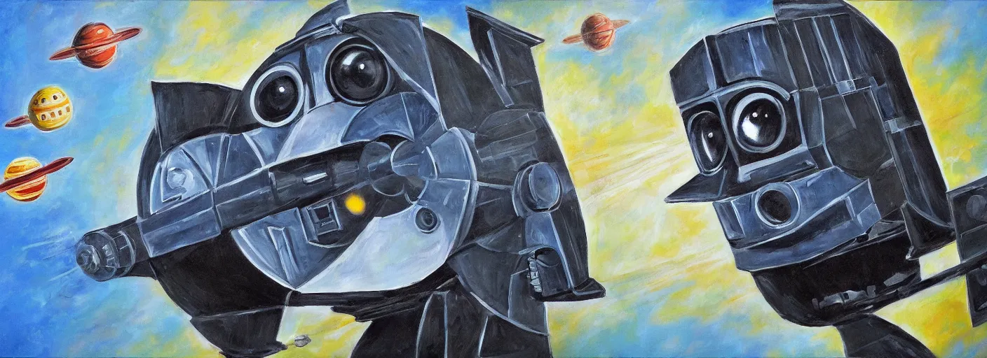 Image similar to thomas the tank engine tie fighter, space, sci fi painting