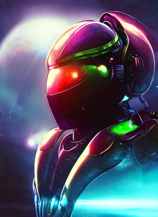 Prompt: Robot Suit, Samus Aran, Space Background, Bust, Concept Art, Helmet, Profile, High Detail, 2D art, Artstation, Neon lights, Sci-fi, Space suit, Makoto Kano, Metroid