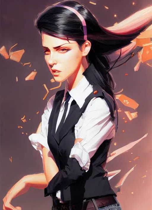 Image similar to a ultradetailed beautiful panting of a stylish woman wearing a shirt with a tie, she has black hair, disressed, background explosion, by jesper ejsing, jon foster, greg rutkowski on artstation