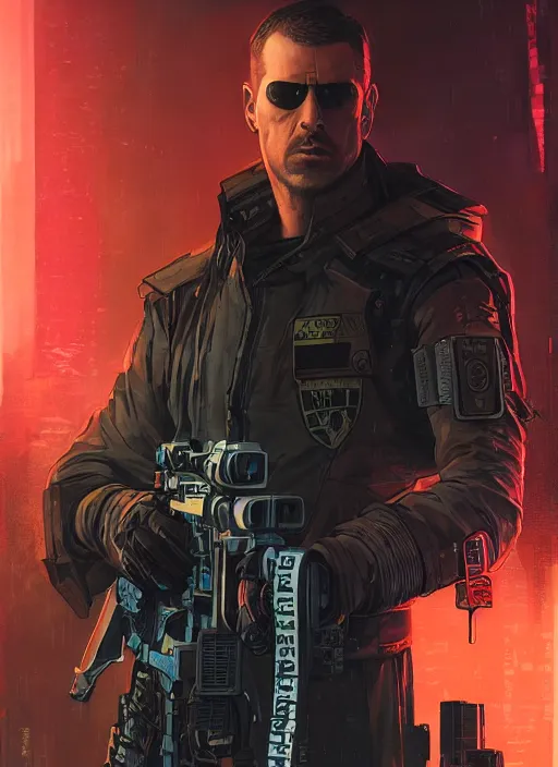 Image similar to cyberpunk military ( blade runner 2 0 4 9, dystopian, cyberpunk 2 0 7 7 character design ), advanced warfare, attractive face. portrait by james gurney and laurie greasley and yoji shinkawa, oil on canvas. cinematic composition, hyper realism, realistic proportions, anatomy, dramatic lighting, photorealistic, high detail, 4 k