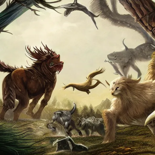 Prompt: a fight of mythic animals in a fantasy world